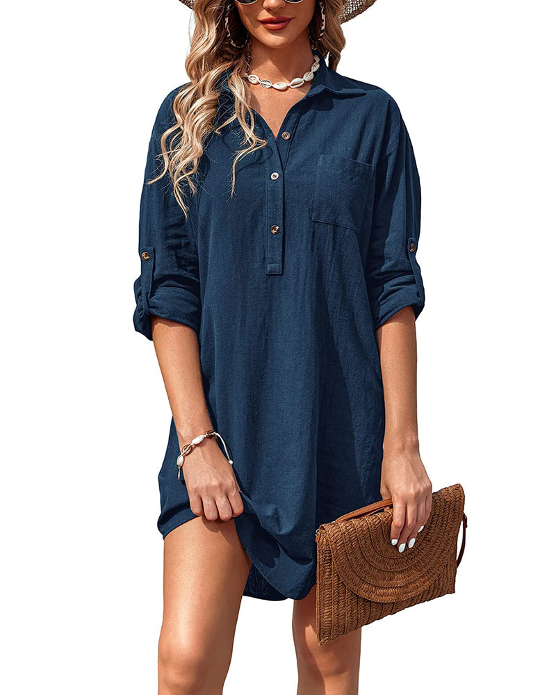 Linen Henley Tunic Top Summer Beach Coverup