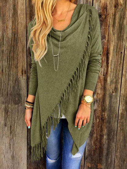 Solid Color Casual Fringe Long Sleeve T-Shirt