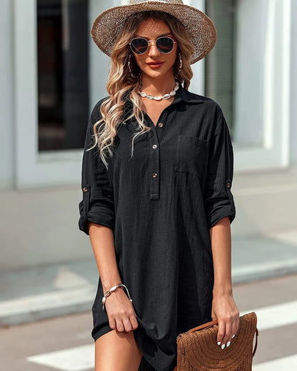 Linen Henley Tunic Top Summer Beach Coverup