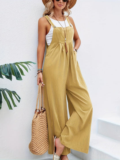 Boho Solid Sleeveless Casual Baggy Jumpsuit With Pockets