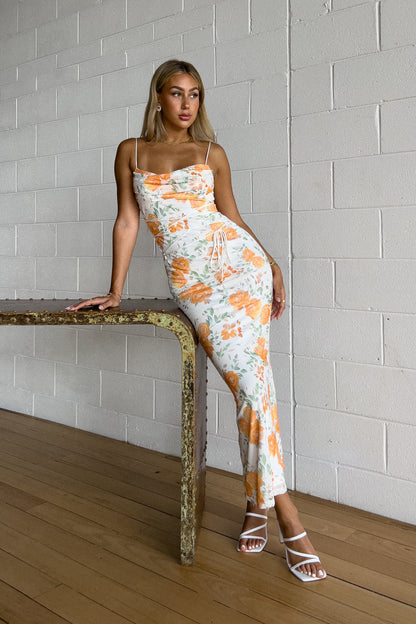 Bloom Floral Maxi Dress - White/Orange