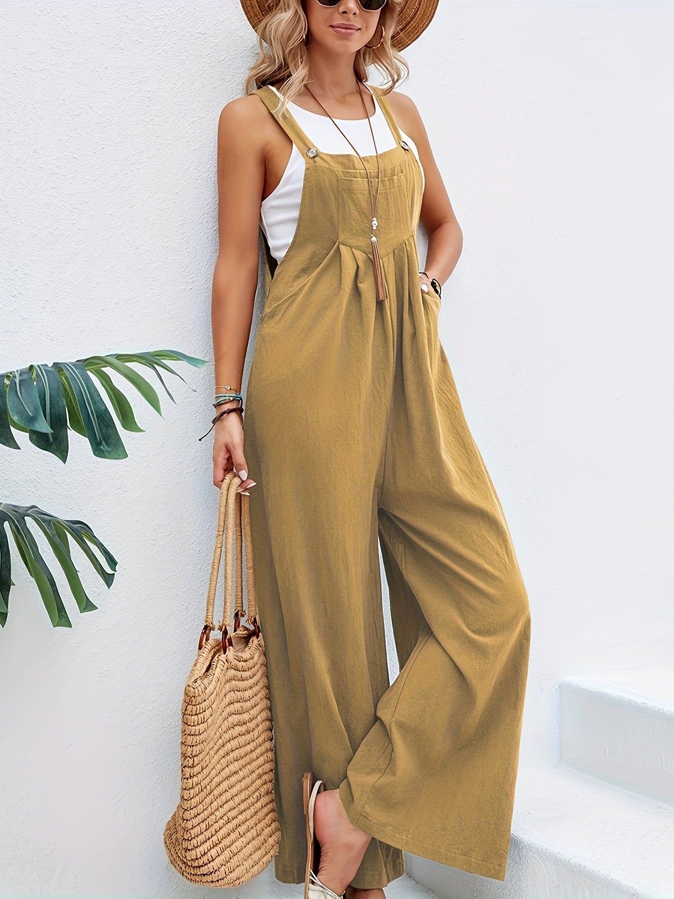 Boho Solid Sleeveless Casual Baggy Jumpsuit With Pockets