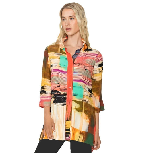 IC Collection Long Abstract Blouse in Coral Multi