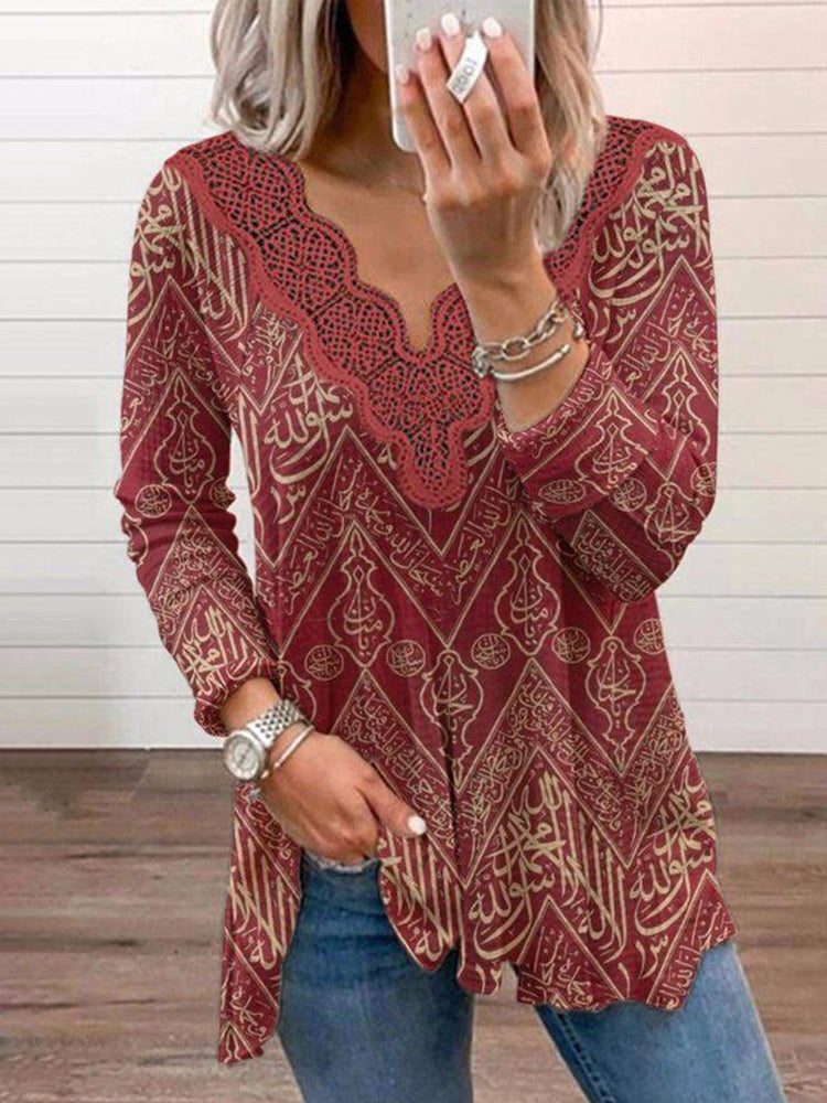 Vintage Print Panel Lace Casual T-Shirt