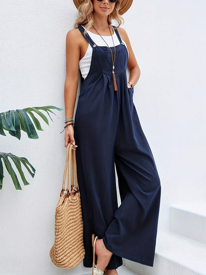 Boho Solid Sleeveless Casual Baggy Jumpsuit With Pockets