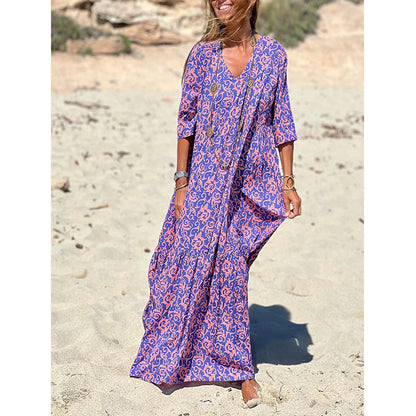 New Fashion V-neck Print Casual Beach Swing Dress