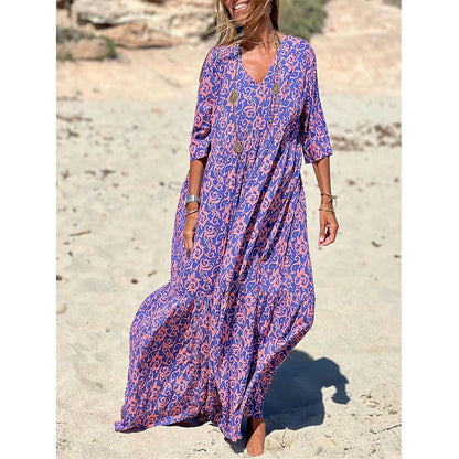 New Fashion V-neck Print Casual Beach Swing Dress