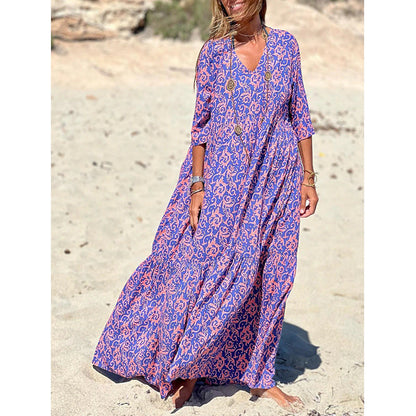 New Fashion V-neck Print Casual Beach Swing Dress