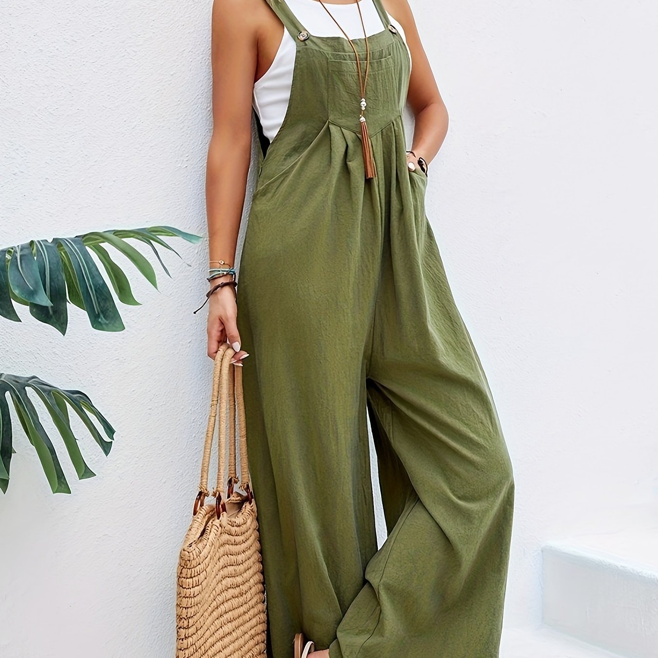 Boho Solid Sleeveless Casual Baggy Jumpsuit With Pockets