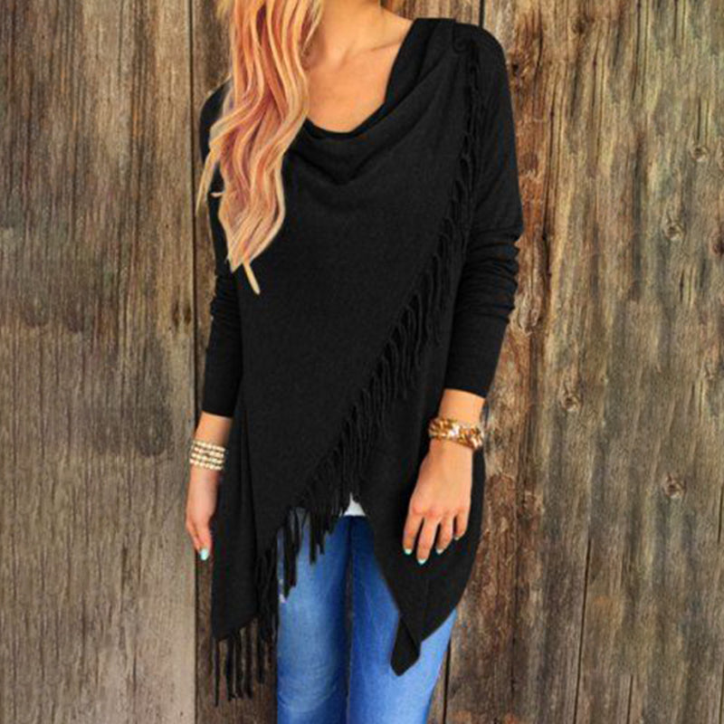 Solid Color Casual Fringe Long Sleeve T-Shirt