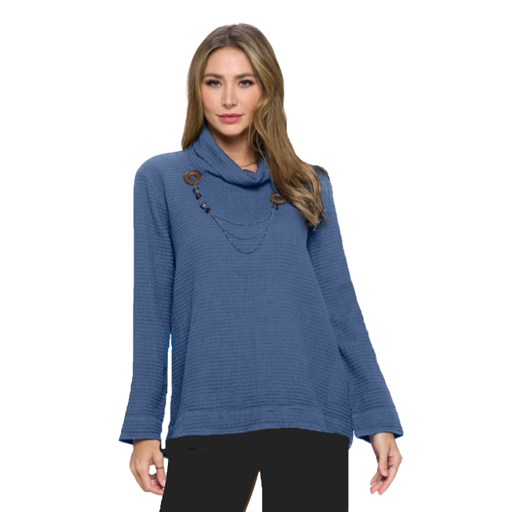 Cowl-Neck Waffle Top in Blue Indigo