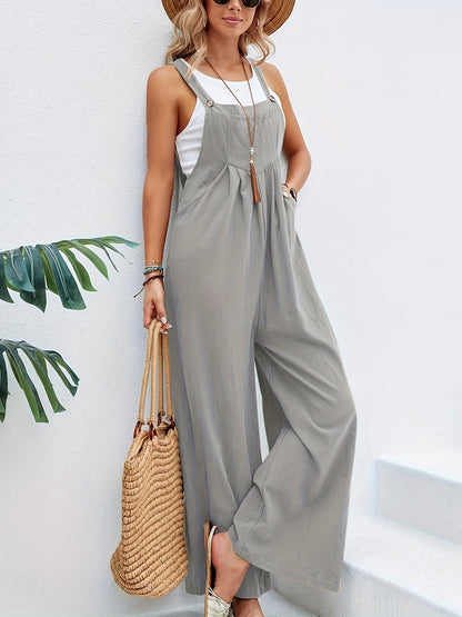 Boho Solid Sleeveless Casual Baggy Jumpsuit With Pockets