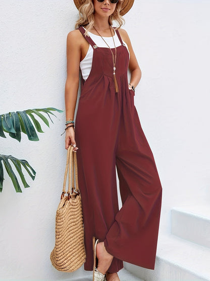 Boho Solid Sleeveless Casual Baggy Jumpsuit With Pockets