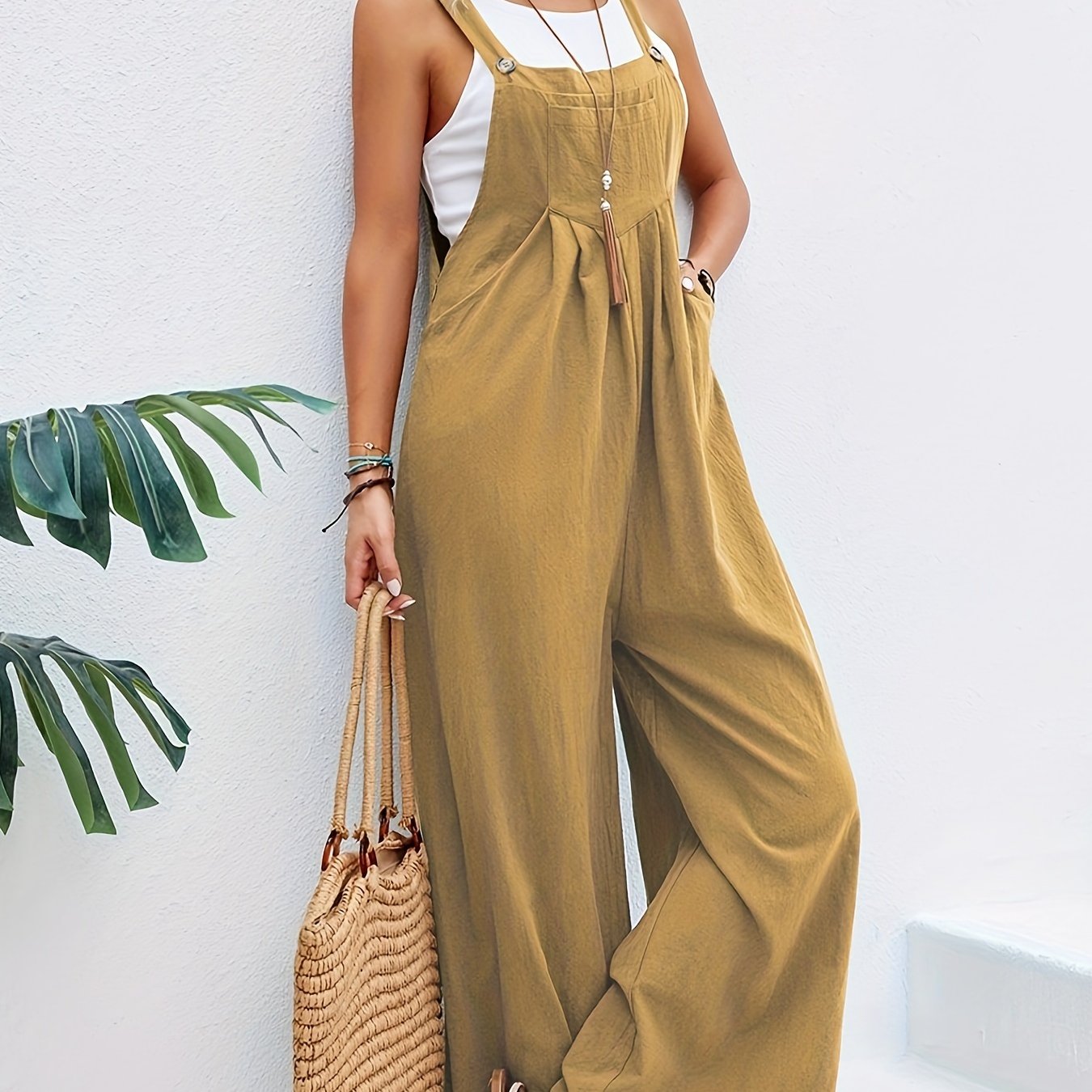 Boho Solid Sleeveless Casual Baggy Jumpsuit With Pockets