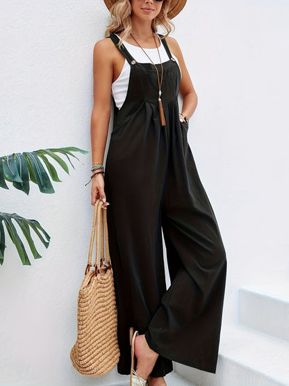 Boho Solid Sleeveless Casual Baggy Jumpsuit With Pockets