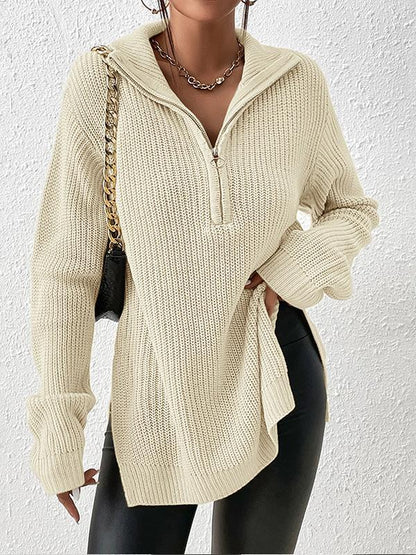 Half Zip Split Hem Drop Shoulder Sweater