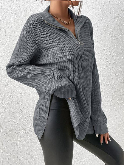 Half Zip Split Hem Drop Shoulder Sweater