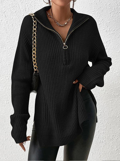 Half Zip Split Hem Drop Shoulder Sweater