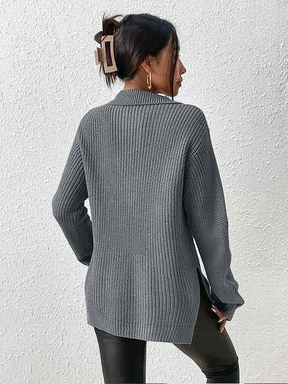 Half Zip Split Hem Drop Shoulder Sweater