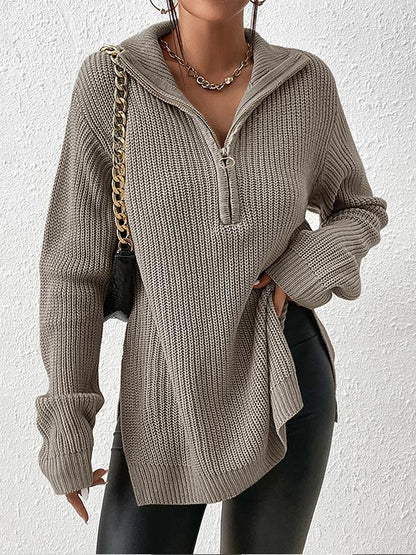 Half Zip Split Hem Drop Shoulder Sweater