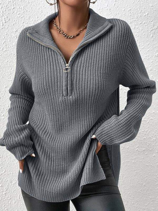 Half Zip Split Hem Drop Shoulder Sweater