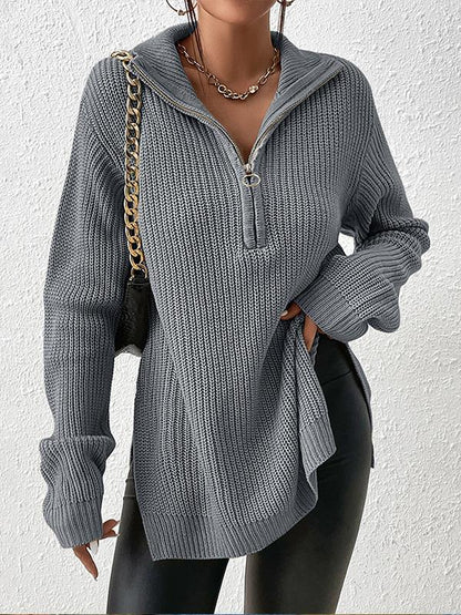 Half Zip Split Hem Drop Shoulder Sweater