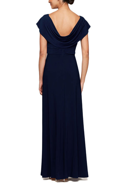 Cowl Neck A-Line Matte Jersey Dress with Pleated Bodice Detail