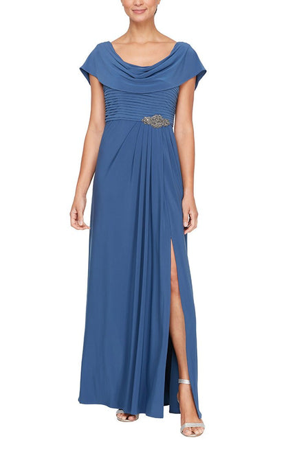 Cowl Neck A-Line Matte Jersey Dress with Pleated Bodice Detail