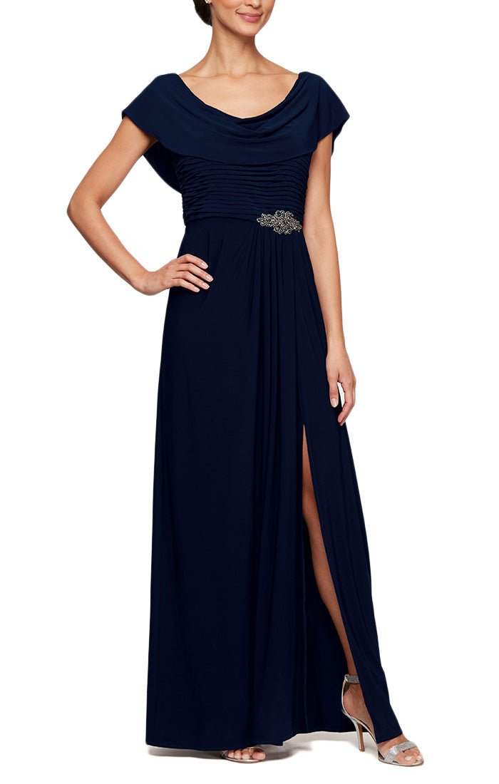 Cowl Neck A-Line Matte Jersey Dress with Pleated Bodice Detail