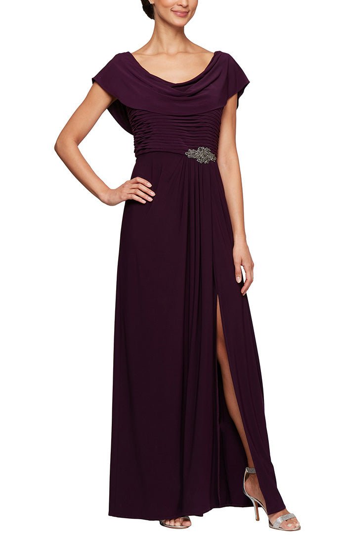 Cowl Neck A-Line Matte Jersey Dress with Pleated Bodice Detail