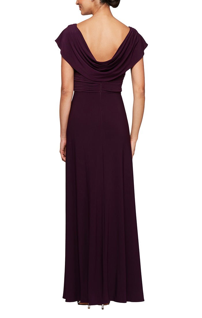 Cowl Neck A-Line Matte Jersey Dress with Pleated Bodice Detail