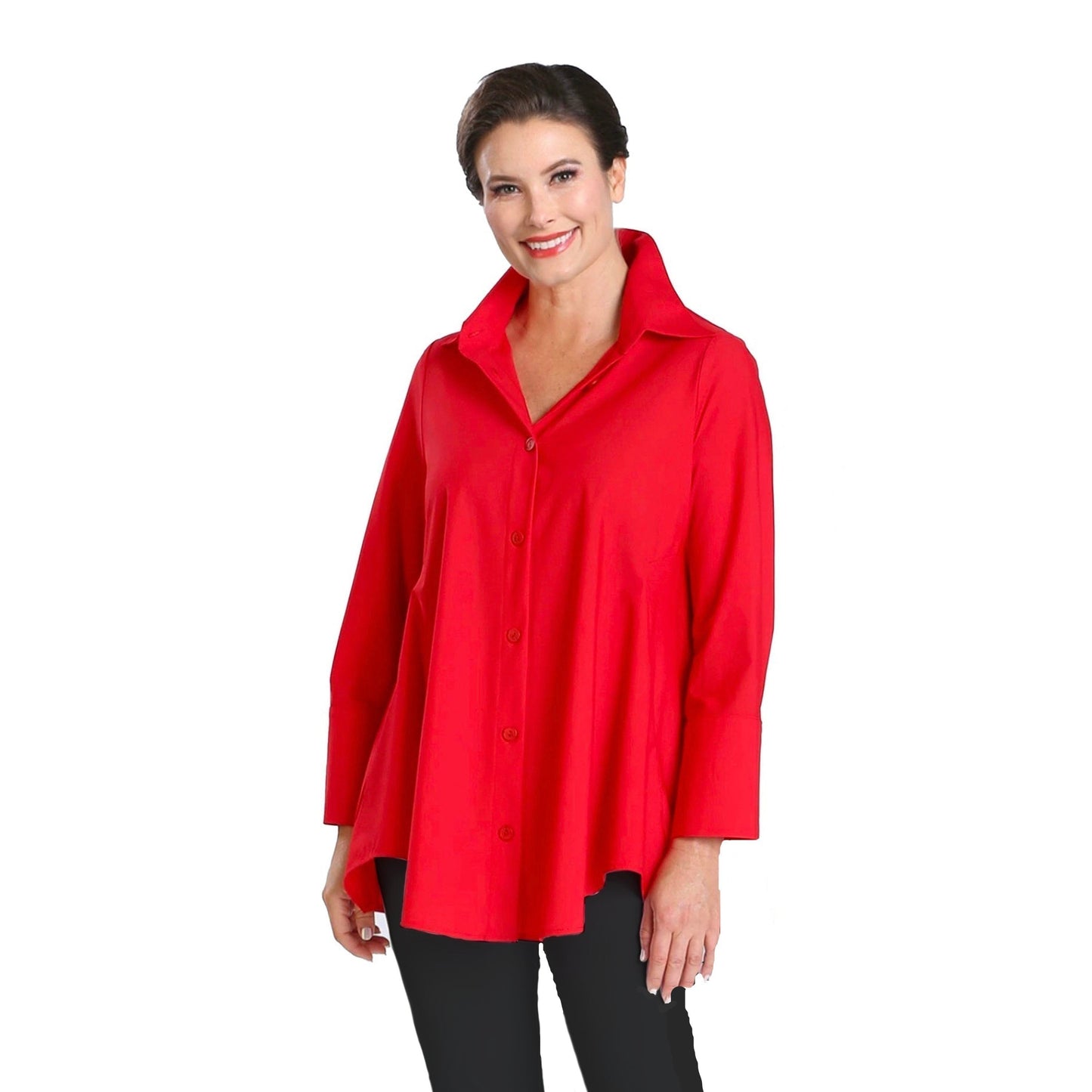 IC Collection High-Low Button-Front Blouse in Red